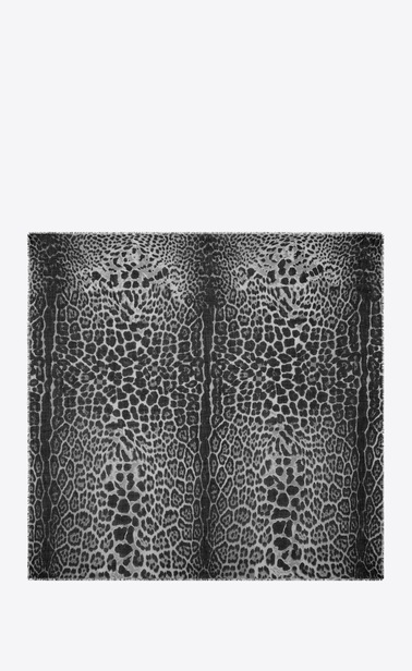 Large square scarf with leopard print in gray and black cashmere and silk